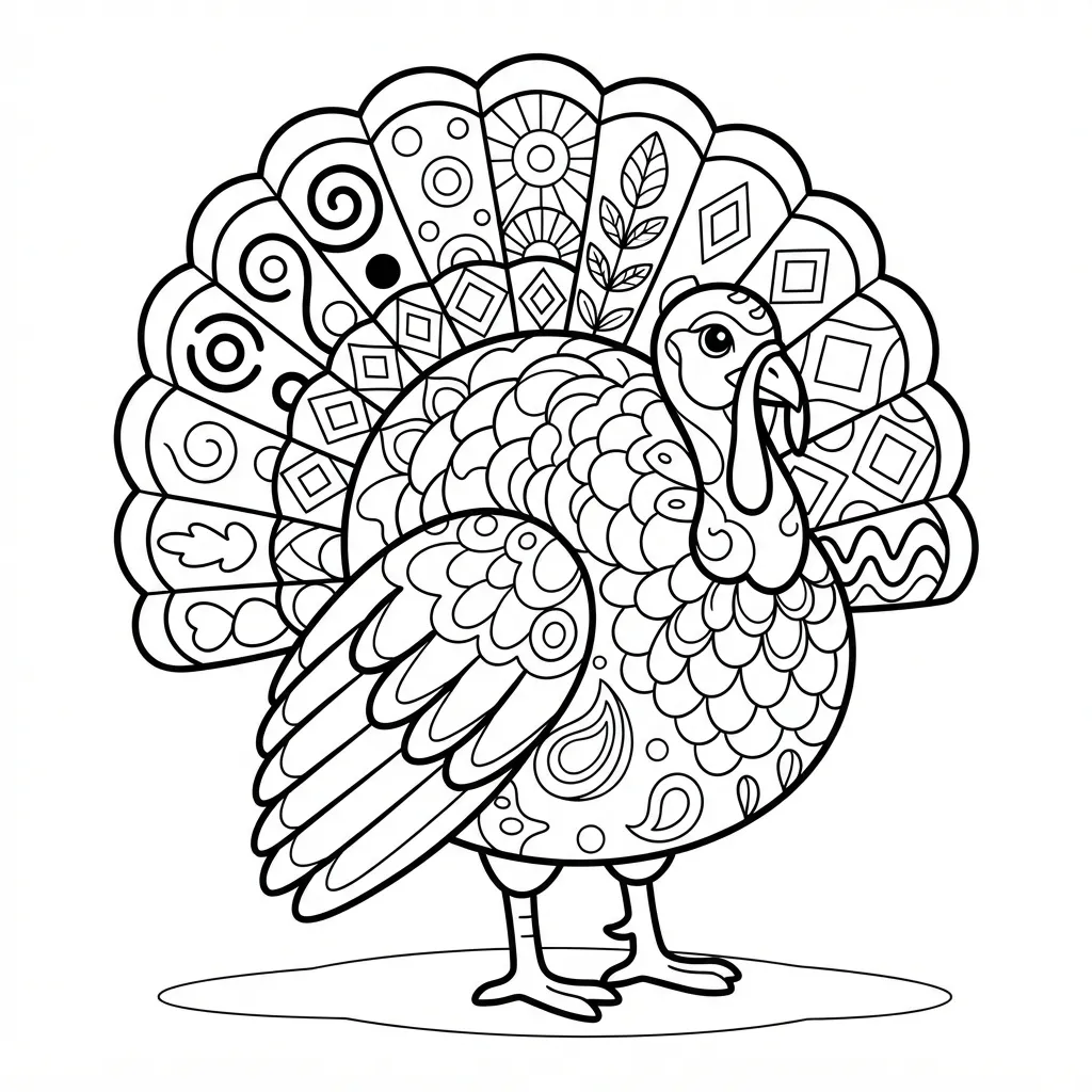 Turkey Coloring Page for Adults — Zentangle Patterns on Body and Feathers