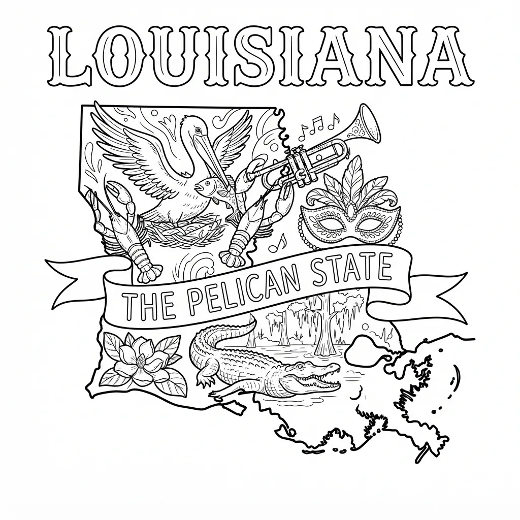 Louisiana Coloring Page — State Map With Symbols and Banner