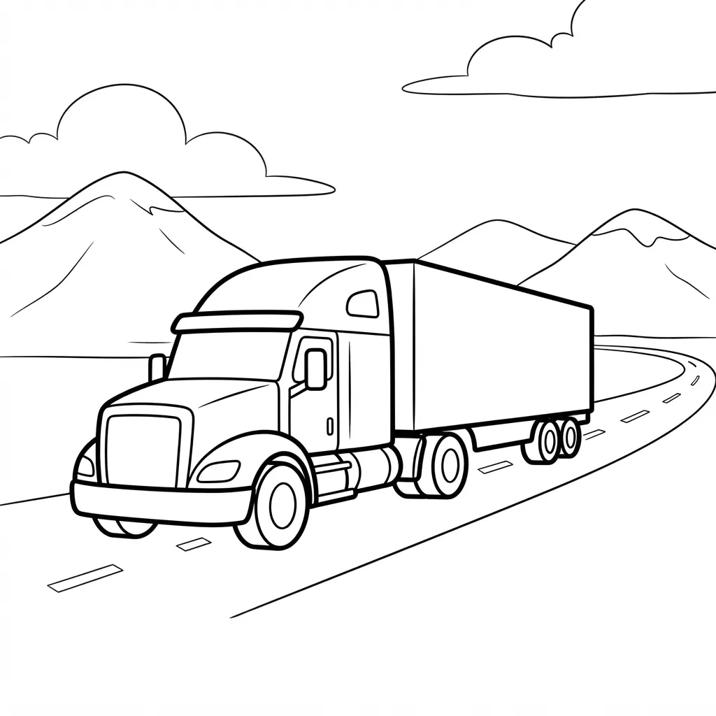 Semi Truck Coloring Page — Driving Along a Highway Past Mountains