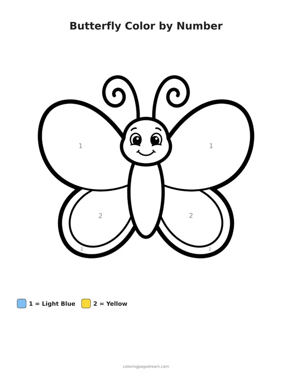 Butterfly Color by Number printable page — Friendly Face and Rounded Wings