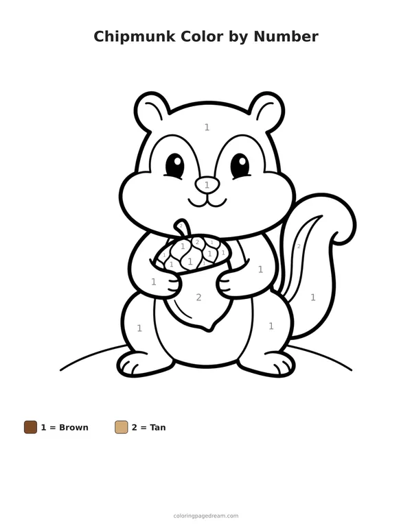 Chipmunk Color by Number printable page — Holding a Large Acorn