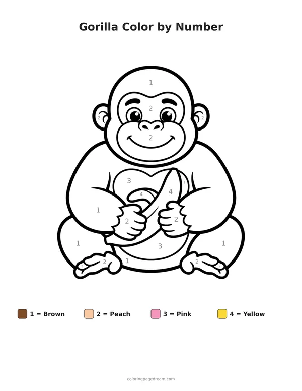 Gorilla Color by Number printable page — Friendly Baby Eating a Banana