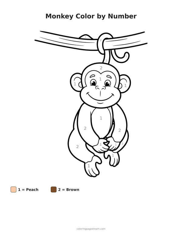 Monkey Color by Number printable page — Hanging Upside Down From A Vine