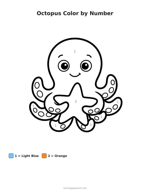 Octopus Color by Number printable page — Holding a Starfish
