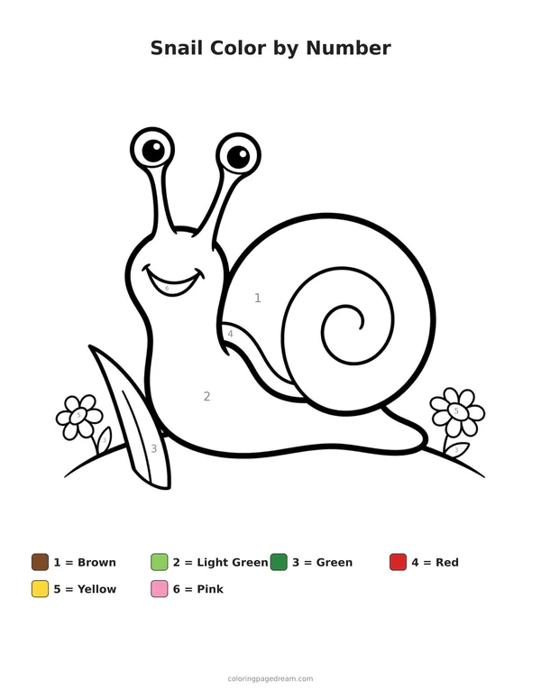 Snail Color by Number printable page — Smiling With Big Eyes and Flowers