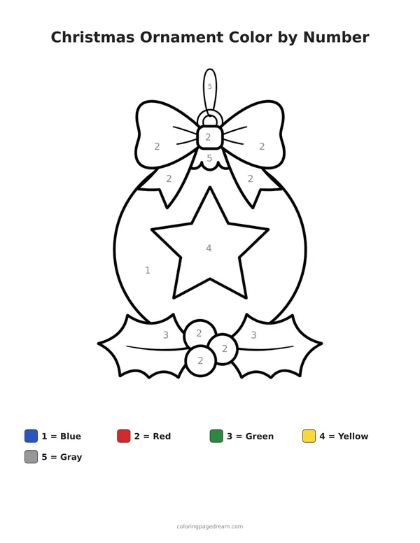 Christmas Ornament Color by Number printable page — With a Star and Bow