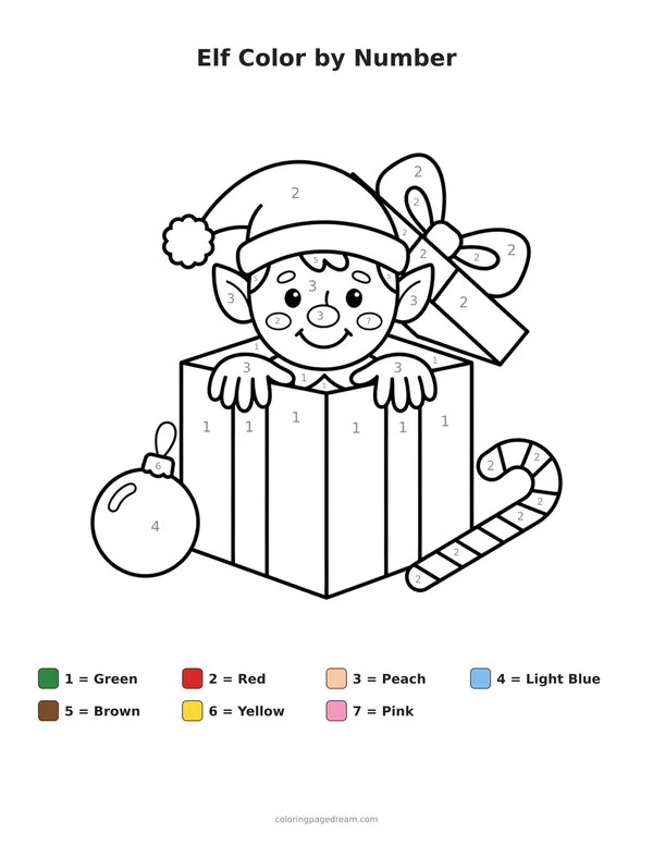 Elf Color by Number printable page — Peeking Out of a Gift Box