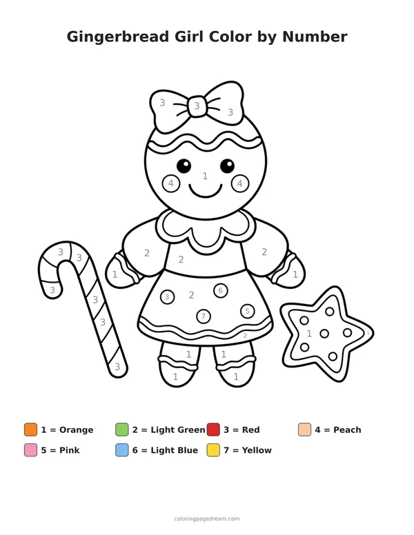 Gingerbread Girl Color by Number printable page — With a Bow and Cookies