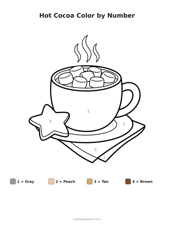 Hot Cocoa Color by Number printable page — With Marshmallows and a Cookie