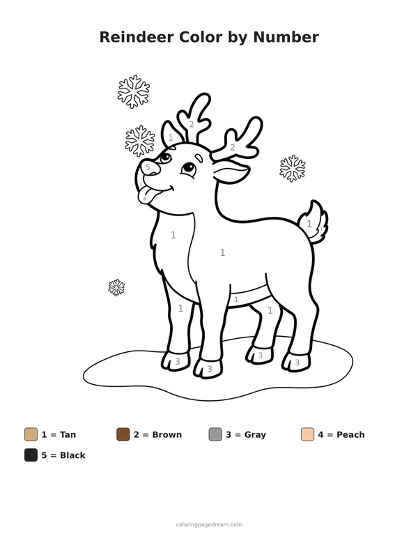 Reindeer Color by Number printable page — Cute Reindeer Catching Snowflakes