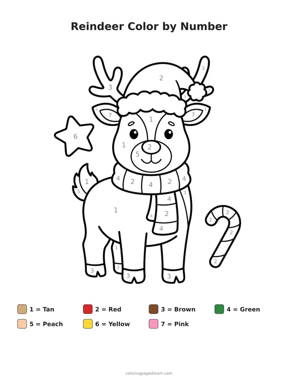Reindeer Color by Number printable page — Wearing a Scarf and a Santa Hat