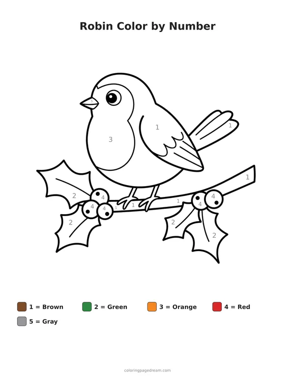 Robin Color by Number printable page — Perched on a Holly Branch