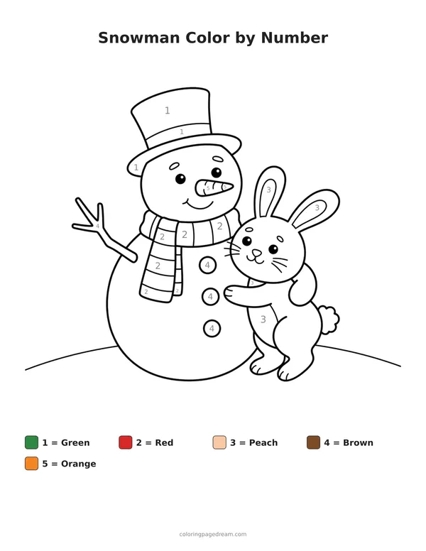 Snowman Color by Number printable page — Hugging a Bunny