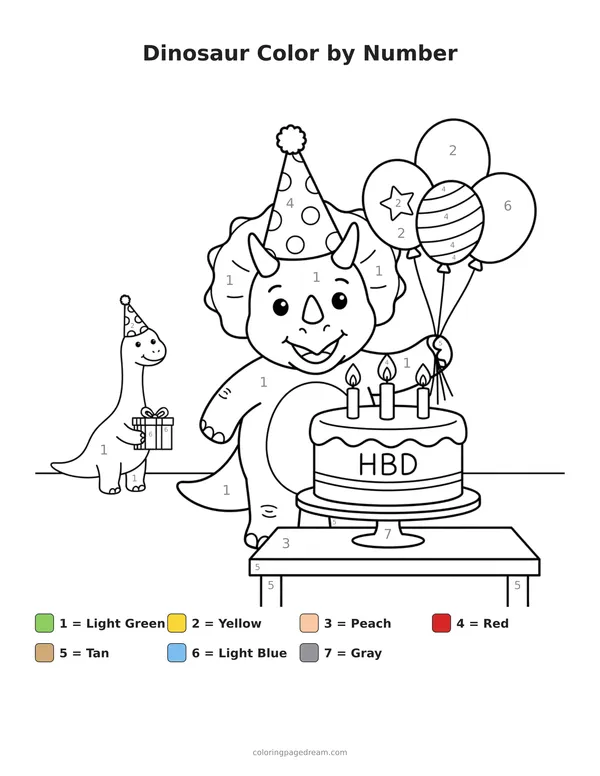 Dinosaur Color by Number printable page — Birthday Party with Cake and Balloons