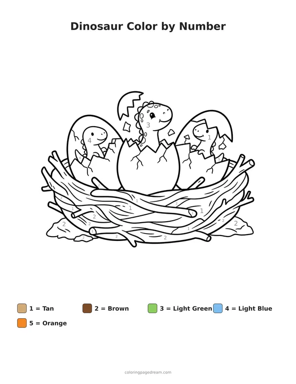 Dinosaur Color by Number printable page — Hatching in a Nest