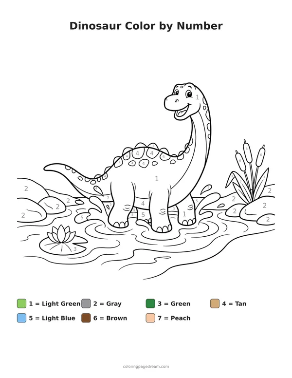 Dinosaur Color by Number printable page — Splashing in a River