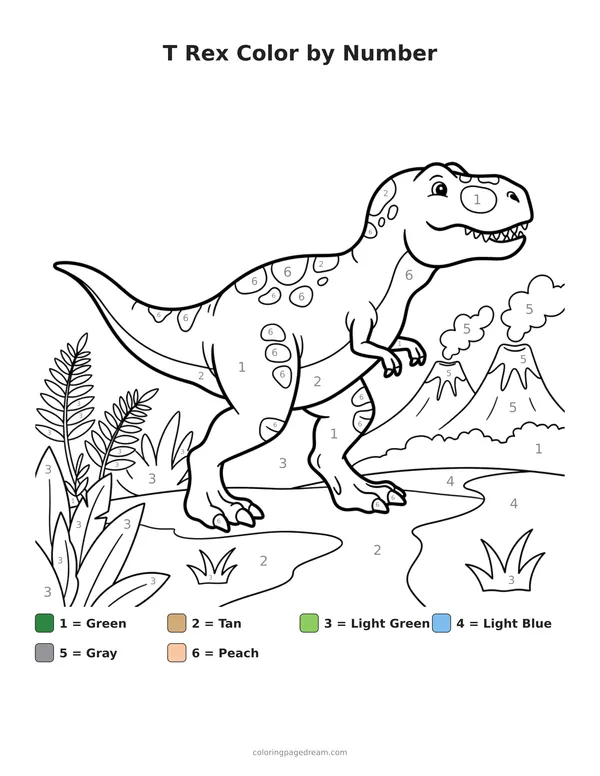 T Rex Color by Number printable page — Stomping Through a Jungle