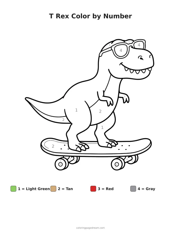 T Rex Color by Number printable page — Wearing Sunglasses on a Skateboard
