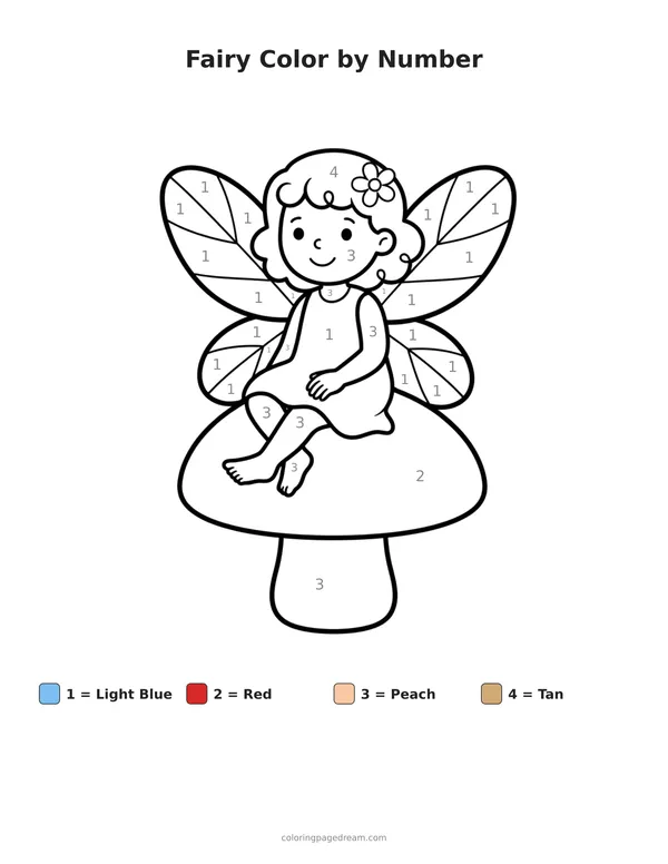 Fairy Color by Number printable page — Sitting on a Mushroom