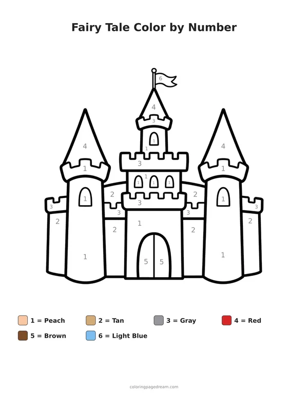 Fairy Tale Color by Number printable page — with Tall Towers and Flag