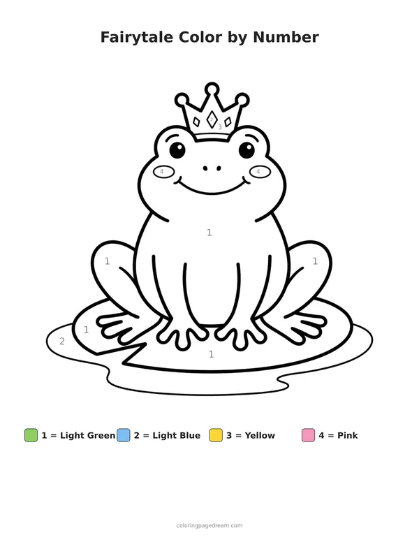 Fairytale Color by Number printable page — Wearing a Crown on a Lily Pad