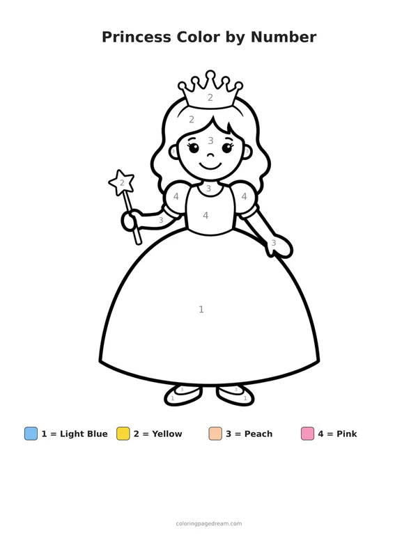 Princess Color by Number printable page — Wearing a Crown and Holding a Wand