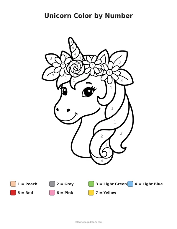 Unicorn Color by Number printable page — Wearing a Flower Crown