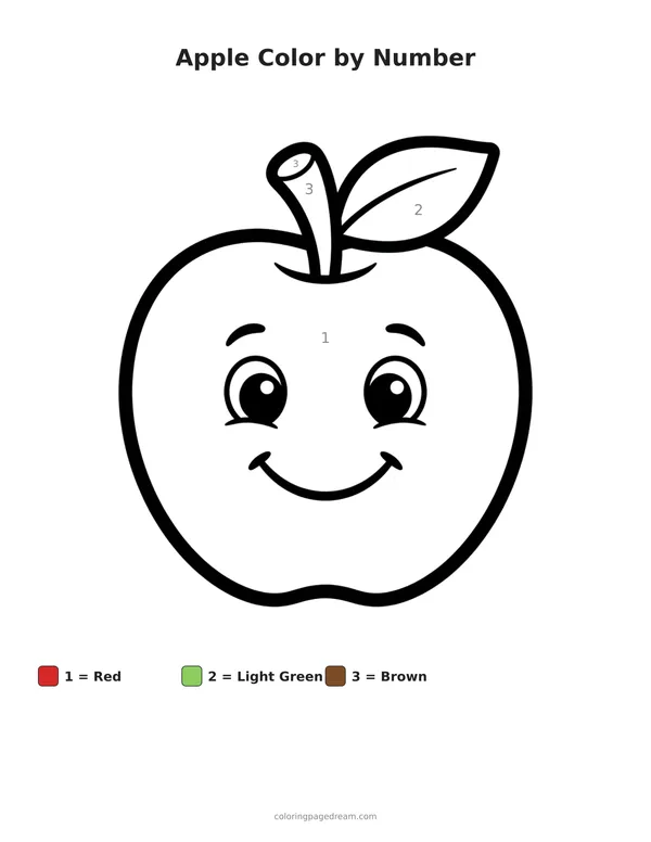 Apple Color by Number printable page — Smiling Face with a Leaf