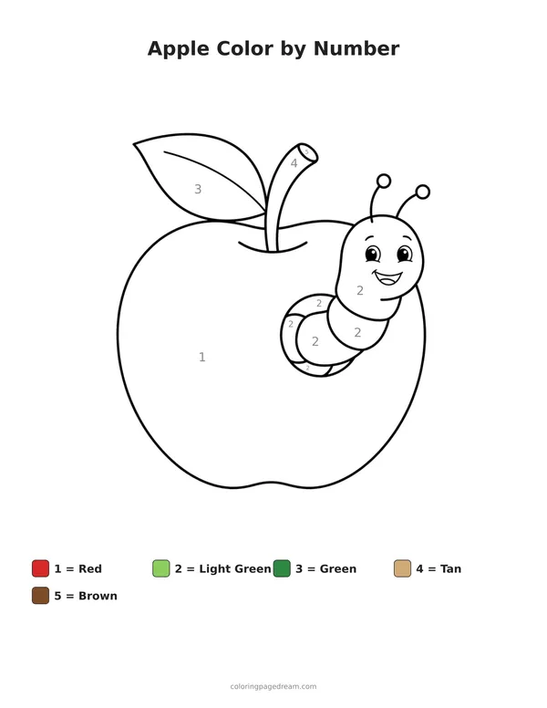 Apple Color by Number printable page — Worm Peeking Out