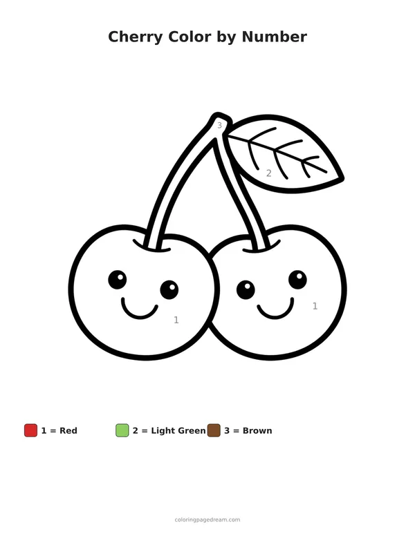 Cherry Color by Number printable page — Smiling Pair with a Leaf