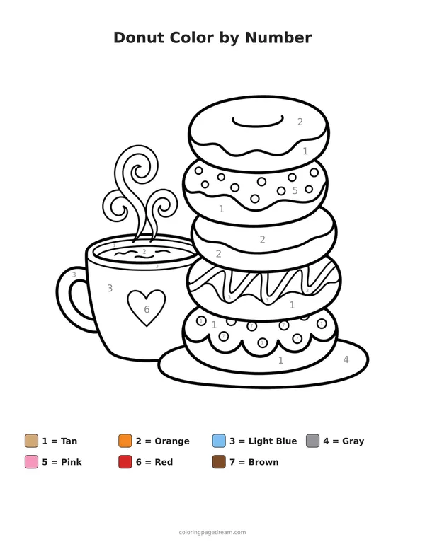 Donut Color by Number printable page — Stack of Donuts with a Cup of Cocoa
