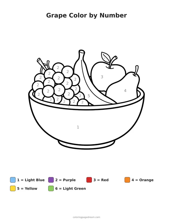 Grape Color by Number printable page — Assortment in a Simple Bowl