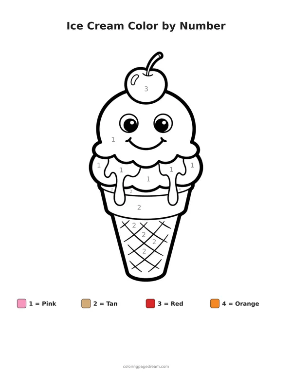 Ice Cream Color by Number printable page — Smiling Sundae With a Cherry