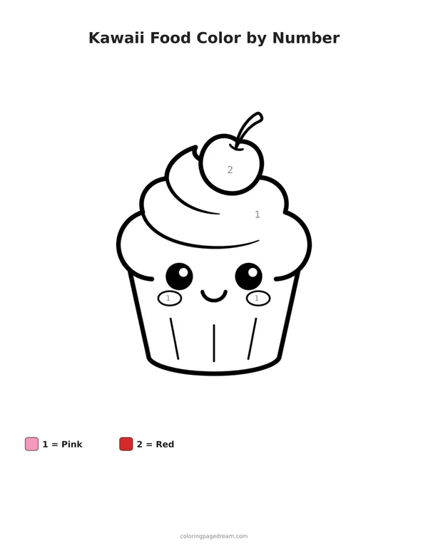 Kawaii Food Color by Number printable page — Kawaii Face and Cherry on Top