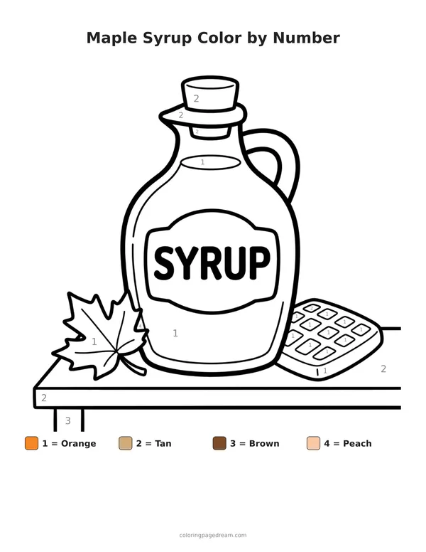Maple Syrup Color by Number printable page — Bottle with a Maple Leaf