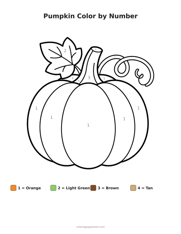 Pumpkin Color by Number printable page — With a Curly Vine and One Leaf