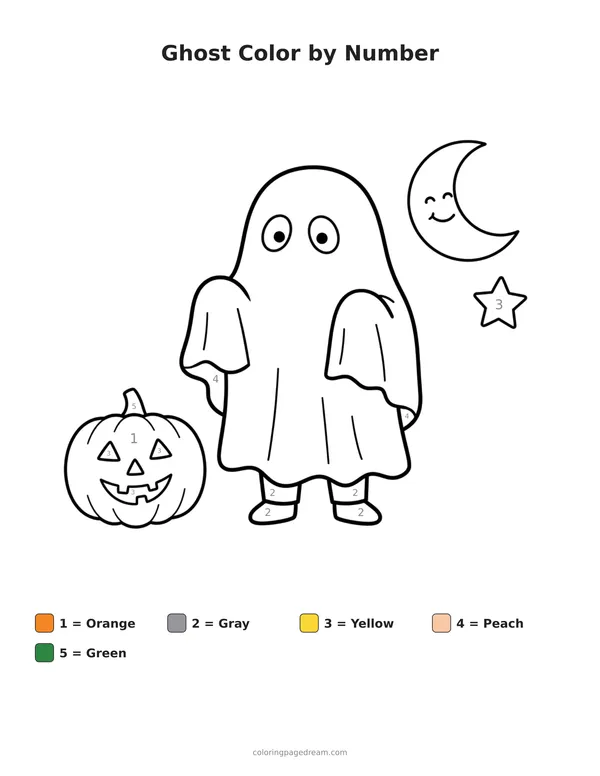 Ghost Color by Number printable page — Standing With Jack o Lantern
