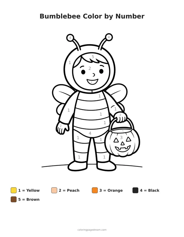 Bumblebee Color by Number printable page — Holding a Pumpkin Bucket