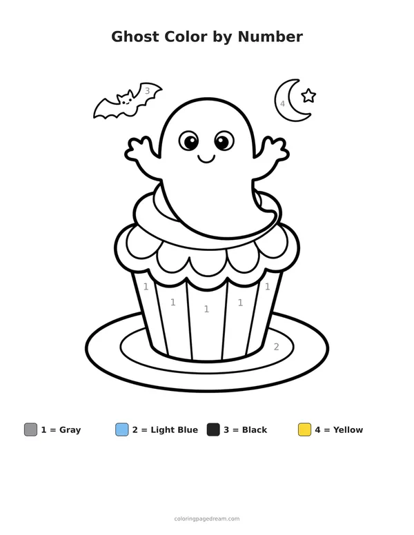 Ghost Color by Number printable page — Sitting on Top of a Cupcake