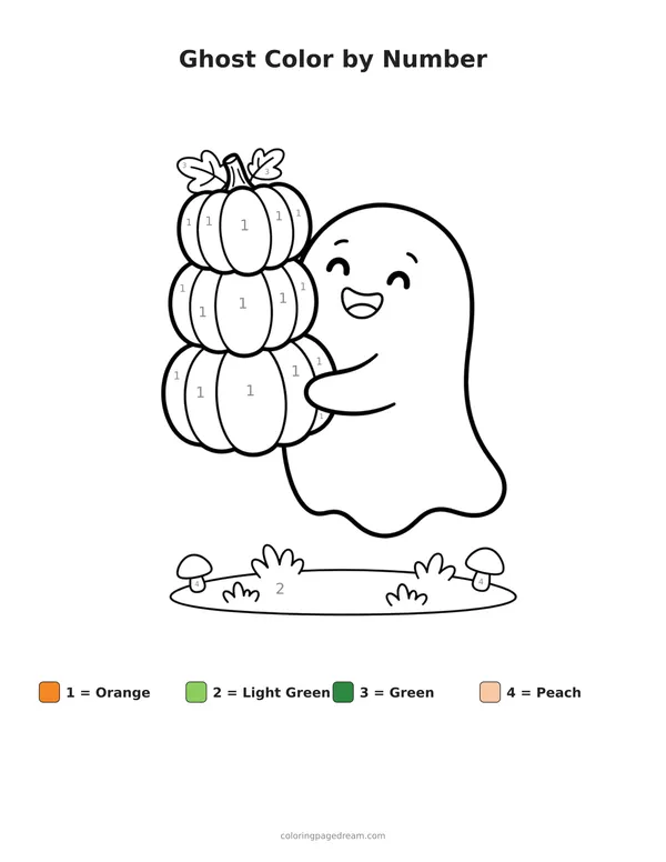 Ghost Color by Number printable page — Carrying a Stack of Pumpkins