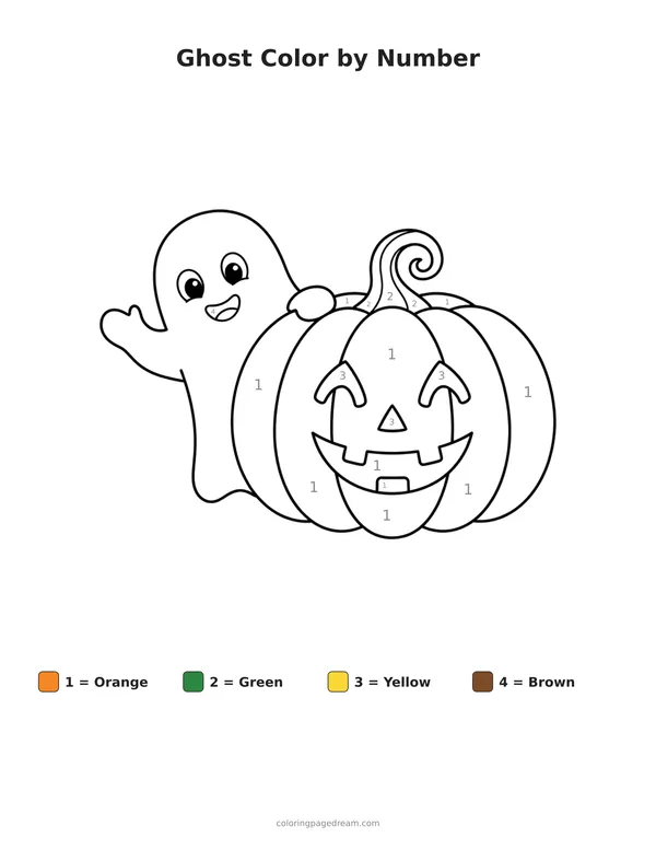 Ghost Color by Number printable page — Peeking Behind a Pumpkin