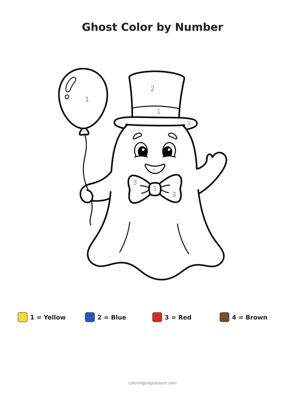 Ghost Color by Number printable page — Wearing a Top Hat and Bow Tie