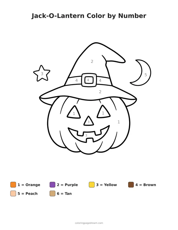 Jack-O-Lantern Color by Number printable page — Wearing a Witch Hat