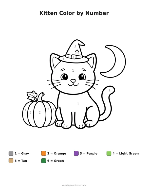 Kitten Color by Number printable page — Wearing a Tiny Witch Hat