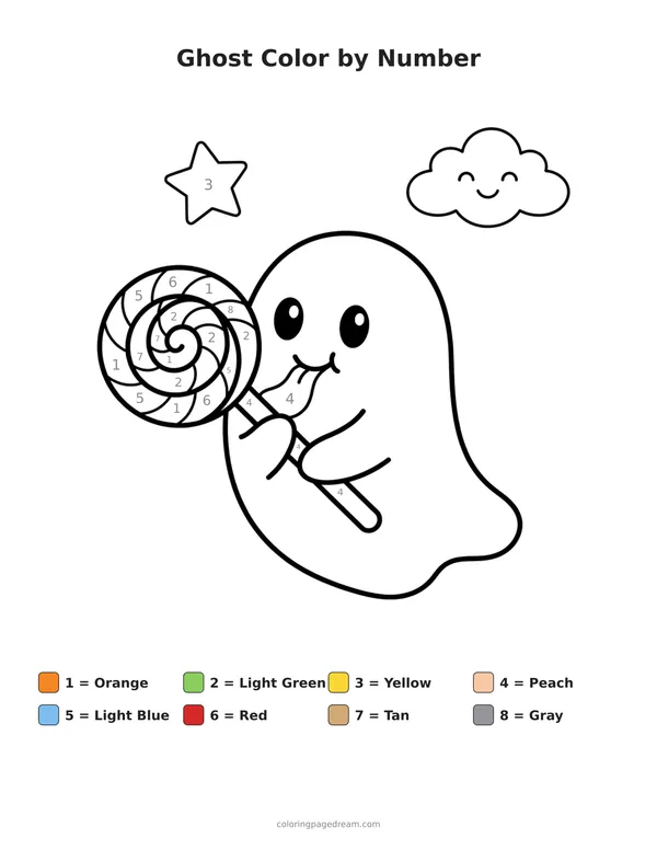 Ghost Color by Number printable page — Eating a Sweet Lollipop