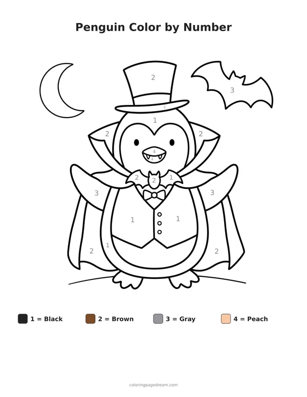 Penguin Color by Number printable page — Dressed as a Vampire