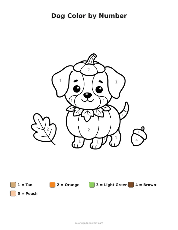 Dog Color by Number printable page — Dressed as a Pumpkin