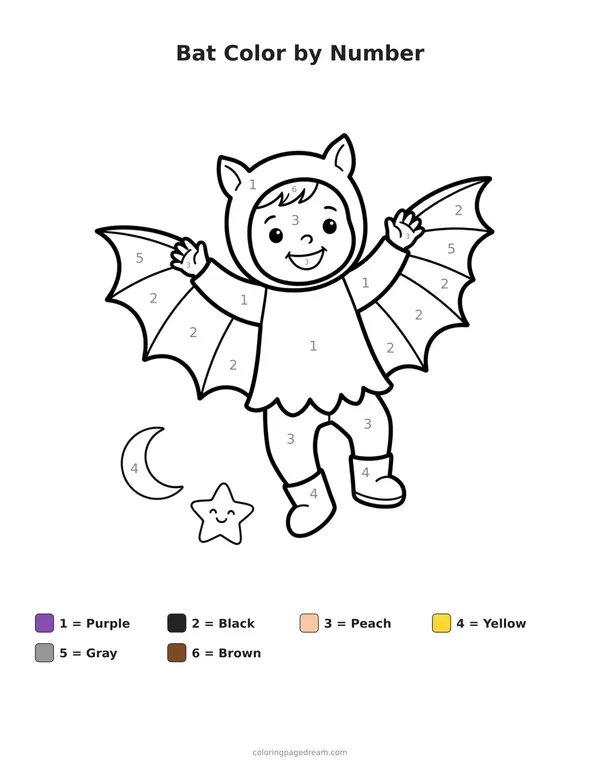 Bat Color by Number printable page — Flapping Outstretched Wings