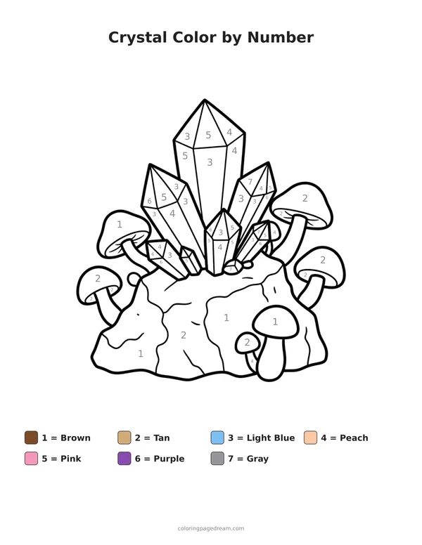 Crystal Color by Number printable page — Growing With Mushrooms on Rock