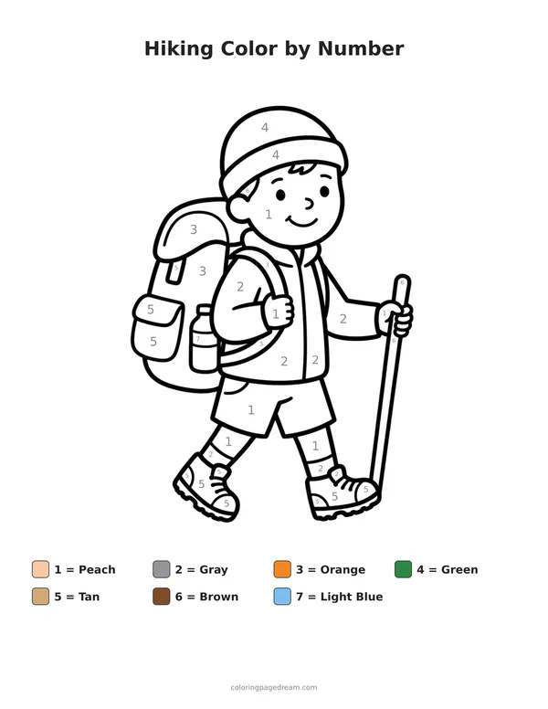 Hiking Color by Number printable page — Walking With Backpack and Hiking Pole